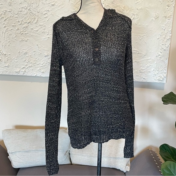 Free People Henley Sweater Pullover Open Knit Hoodie Black Beige Cotton Size S - Picture 1 of 8